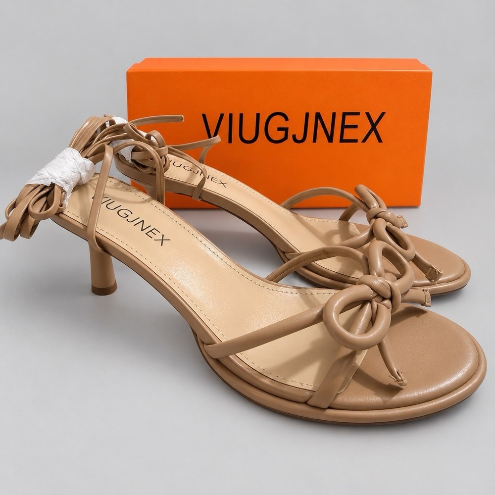 VIUGJNEX Tan Beige Strappy Kitten Heel Sandals Lace Up Ankle Tie Bow Size 7